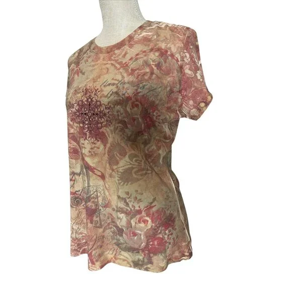 Yukiko Vintage Style Boho T-Shirt Rhinestone Embellishment & Floral Design XL - Picture 2 of 8